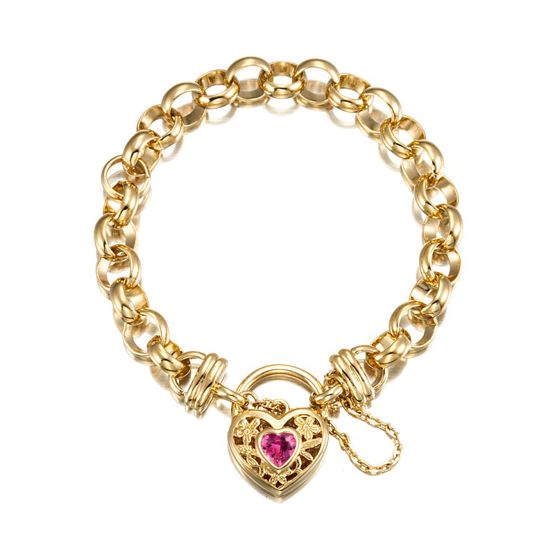 18ct Heavy Yellow Gold Plated 10mm Belcher Chain Bracelet with a Pink Filigree Locket - USA Made-0